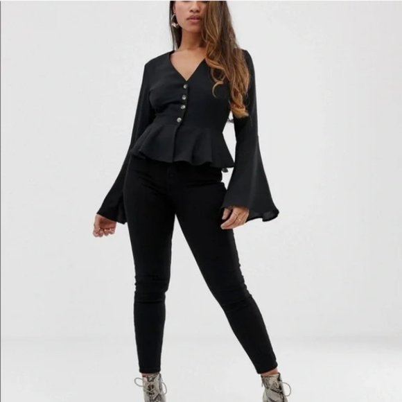 Missguided Black Peplum Blouse SZ 12 Petite - Picture 1 of 12